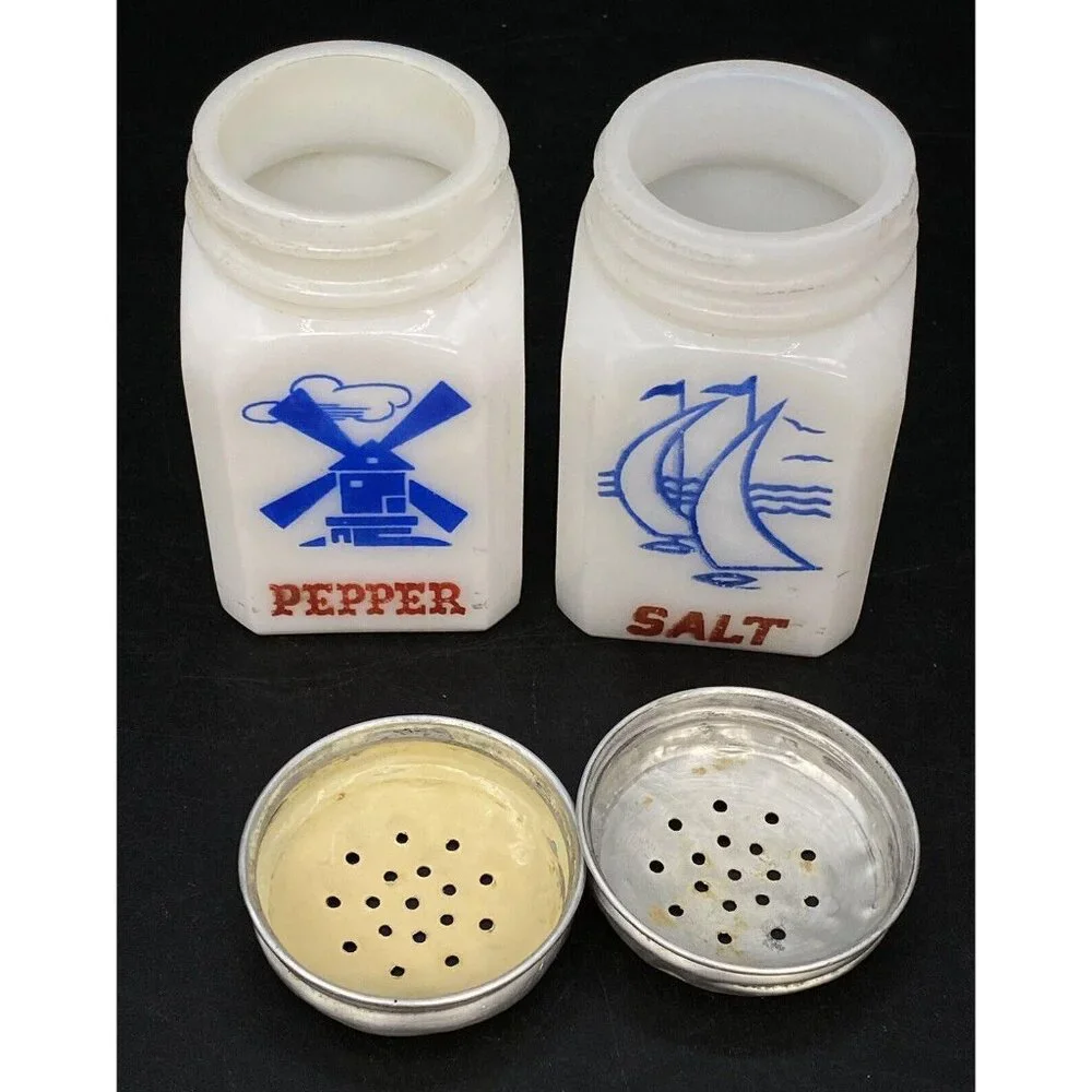 Tipp City Salt and Pepper Shaker Milk Glass Sailboats Dutch Windmill Mixed Set